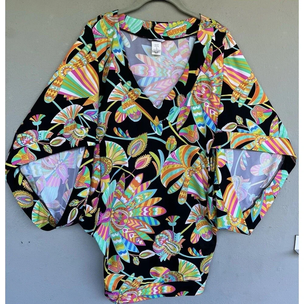 Trina Turk V-Neck Tahitian Floral Beach Swim Jersey Cover Up Tunic Dress Size S